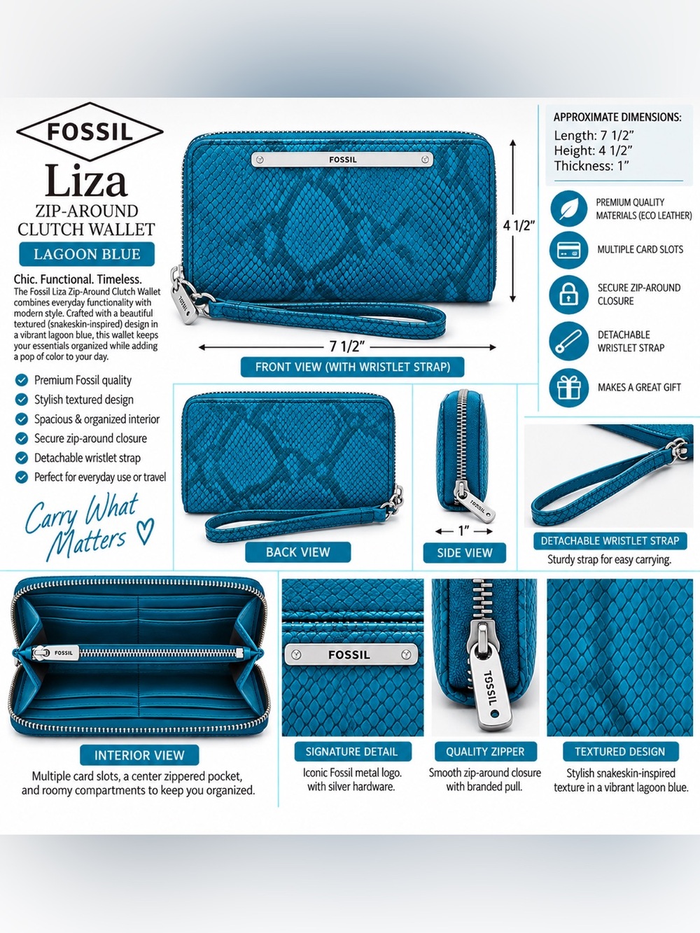 FOSSIL ECO LEATHER LIZA CLUTCH WALLET – LAGOON BLUE (NEW WITH TAGS) A29